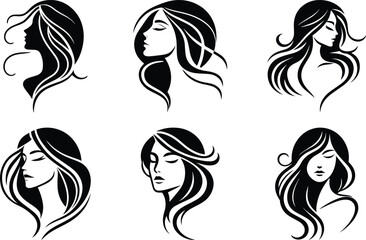 Elegant Women's Hair Silhouette Illustrations Six Unique Designs