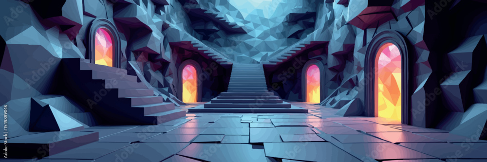 Poster low poly vector realm with staircases into void abstract geometry and glowing doors surreal theme ve