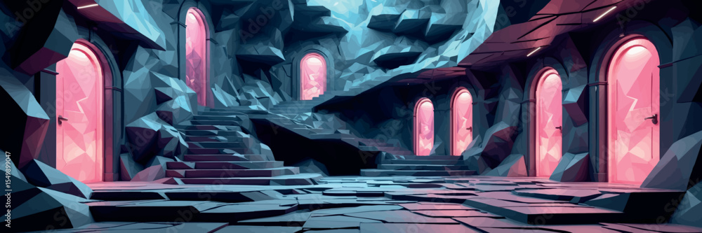 Poster low poly vector realm with staircases into void abstract geometry and glowing doors surreal theme ve