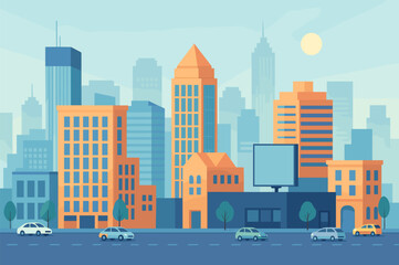 Flat Urban Cityscape Illustration with Traffic and Buildings