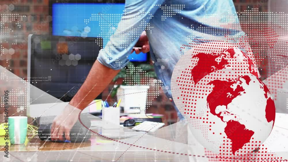 Aufkleber it professional placing smartphone, plugging external hdd for accessing data over world map overlay