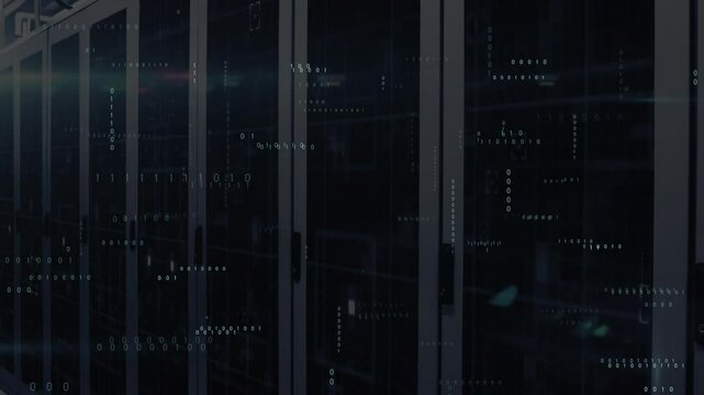 Binary clusters materializing before server cabinets, cascading ones and zeros showing data flow