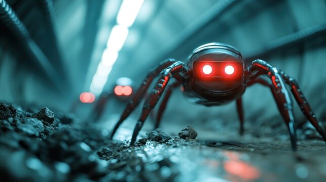A striking robotic spider with glowing red eyes navigates a dimly lit tunnel, showcasing a blend of technology and eerie atmosphere that captivates the viewer's imagination.