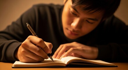 Focused Asian Man Writes in Journal with Pen Under Warm Light