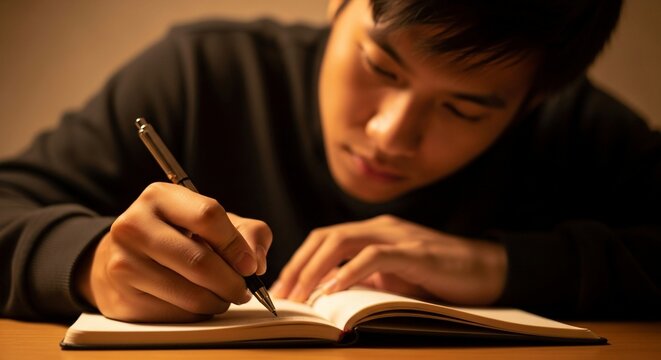 Focused Asian Man Writes in Journal with Pen Under Warm Light