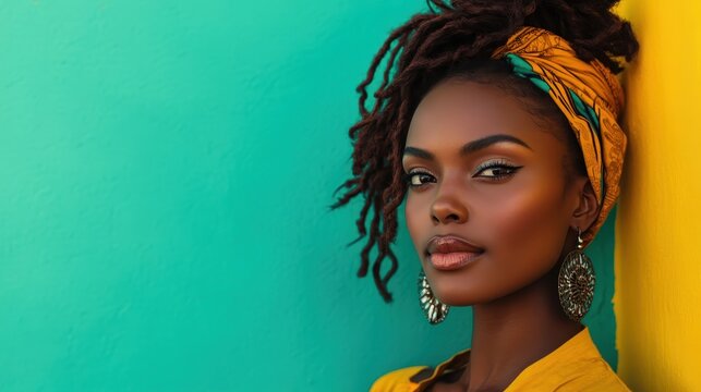A confident woman with stylish accessories poses alongside a colorful background, radiating empowerment, beauty, and cultural richness in a vibrant portrait.
