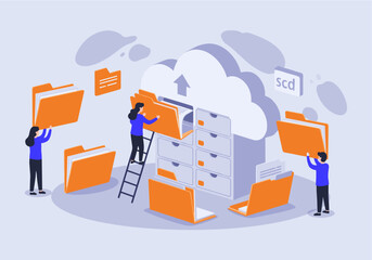 flat vector of A vector illustration depicting a cloud storage concept with four stylized people interacting with large orange folders and a cloud-shaped archive