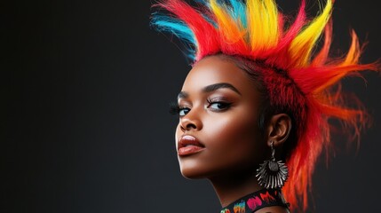 A striking portrait of a woman with a vibrant, multi-colored hairstyle, showcasing individuality, creativity, and confidence, capturing the essence of modern fashion.