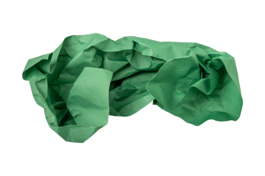 Green crumpled paper isolated on transparent background
