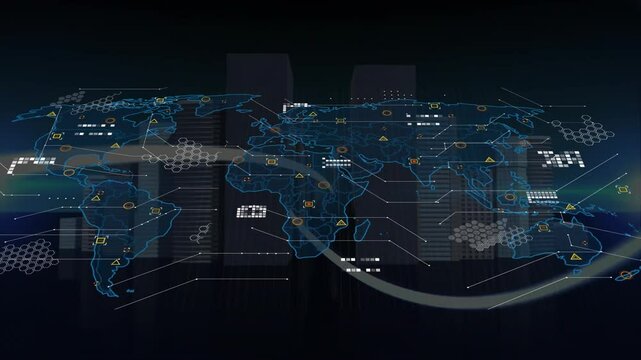 Light trails starting wireframe map emerging ribbons looping around skyline data icons showing flow