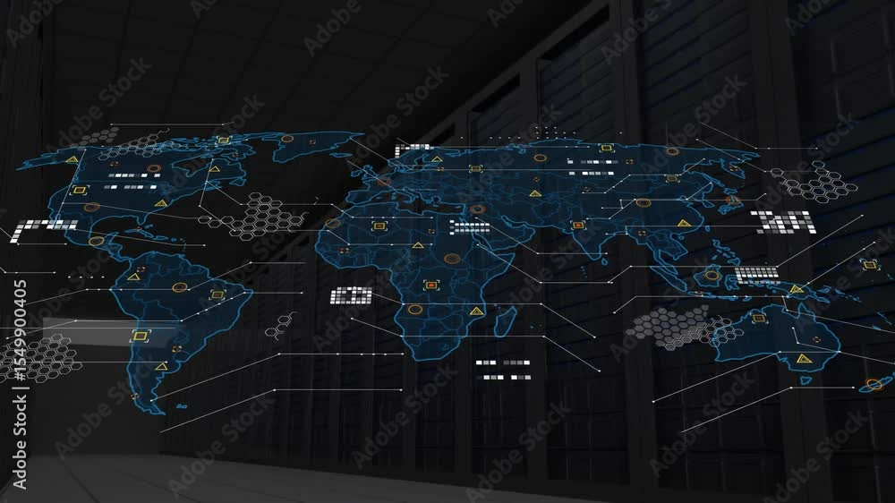 Poster holographic map materializing from outline with icons and lines over racks, visualizing data flow