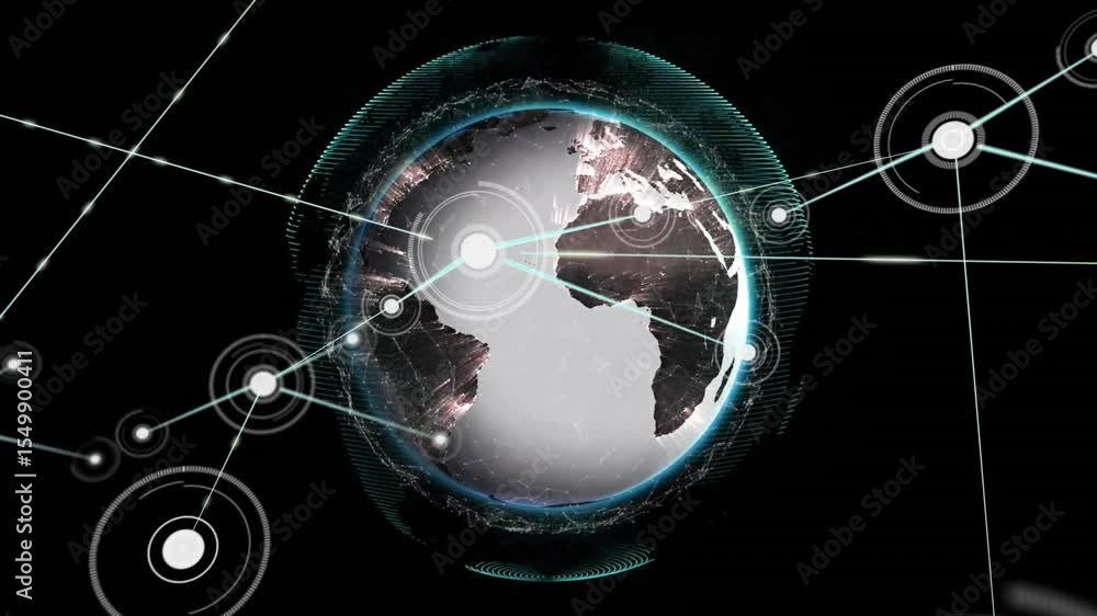 Poster dark screen fading into glowing digital globe beams linking nodes and showing connection