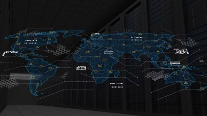 Holographic map materializing from outline with icons and lines over racks, visualizing data flow - Powered by Adobe