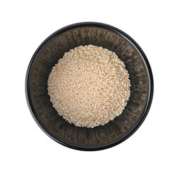 White sesame seeds in black ceramic bowl on transparent png
