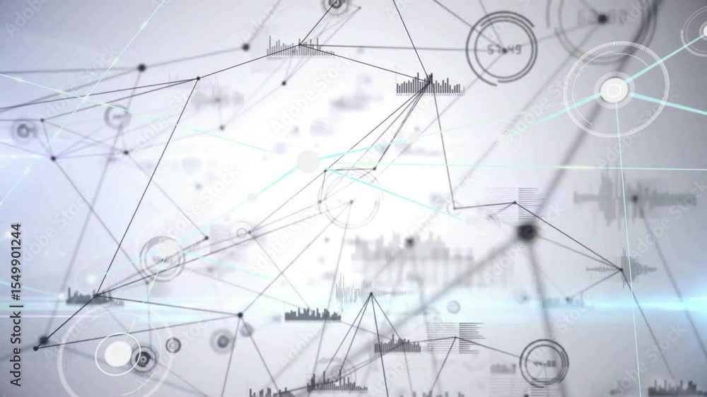 Poster black lines drawing outward from central hub initiating nodes merging into network for data insight