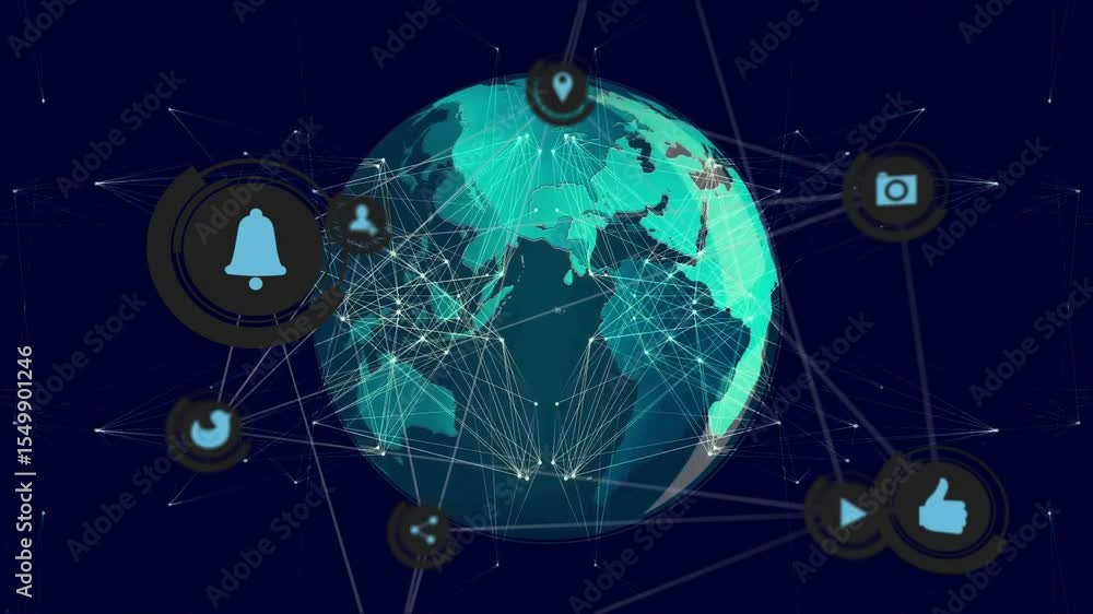 Aufkleber on start turquoise wireframe globe rotating while network icons adding, pulsing showing data links