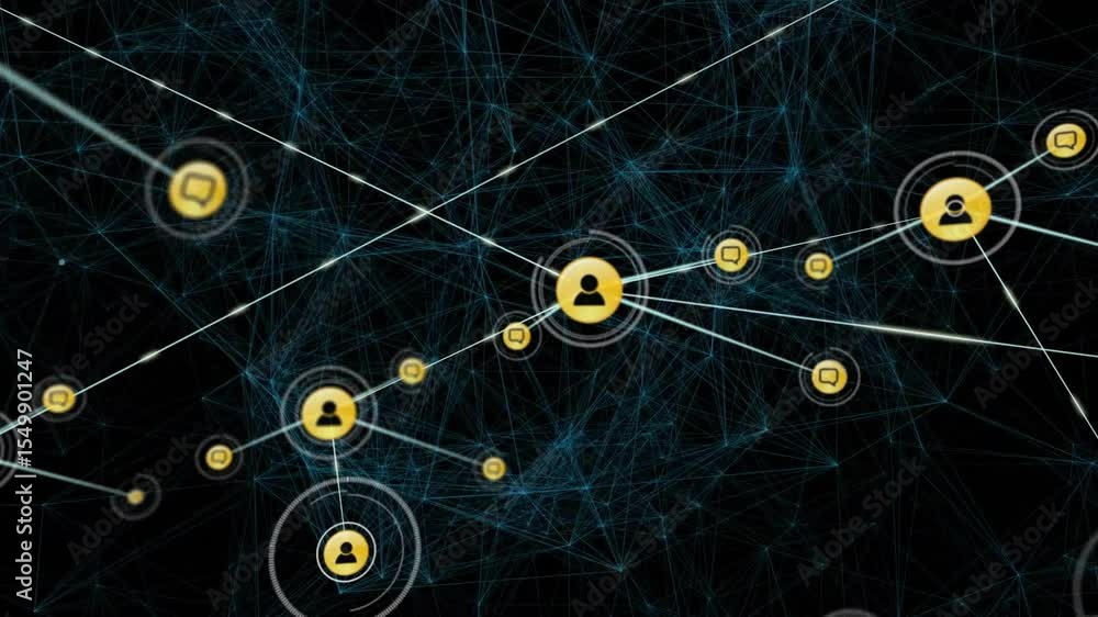 Aufkleber golden user node pulsing sending white lines linking chat bubbles, multiplying for network growth