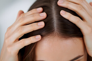Obraz premium Close-up of a woman's scalp with hands gently parting her dark hair.
