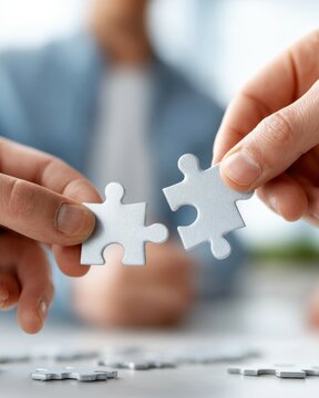 Business people company teamwork collaboration puzzle jigsaw concept. Colleagues Engaged in Collaborative Puzzle Fitting and Problem Solving in a Bright Office Setting