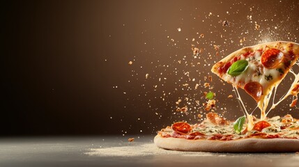 A mouthwatering pepperoni pizza with gooey cheese and fresh basil is presented, capturing the excitement of a perfect culinary experience and food indulgence.