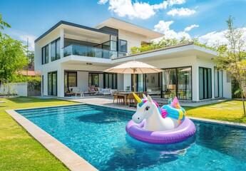 Modern villa with pool and unicorn float