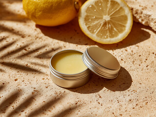 A small tin of pale yellow lip balm sits open next to halved lemons, casting shadows on a light beige surface.