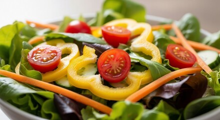Fresh salad with sliced tomatoes, yellow bell peppers, carrots, and mixed greens