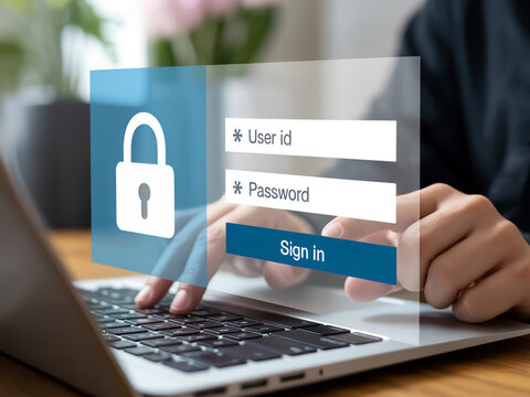 Clean blue-toned login screen hovers above keyboard, symbolizing digital security and user authentication process.