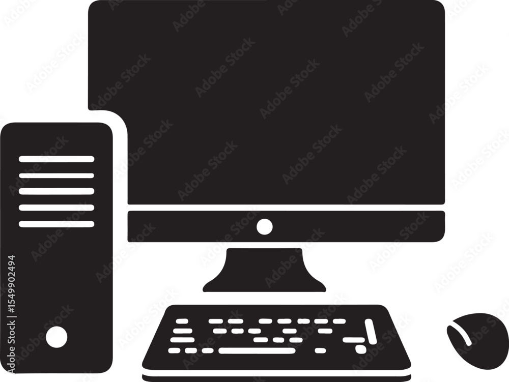 Fototapete black desktop computer silhouette vector with monitor and tower on white background