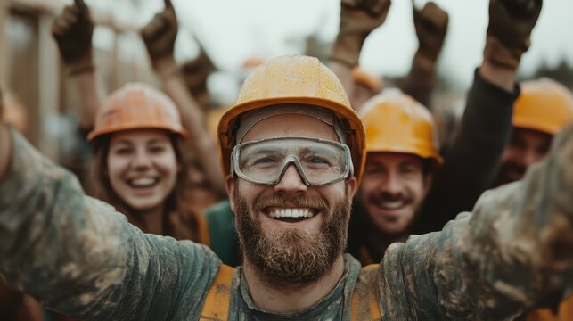 Joyful construction workers with hard hats and smiles raise their hands in triumph, embodying teamwork and the fulfillment of accomplishing a significant project milestone.