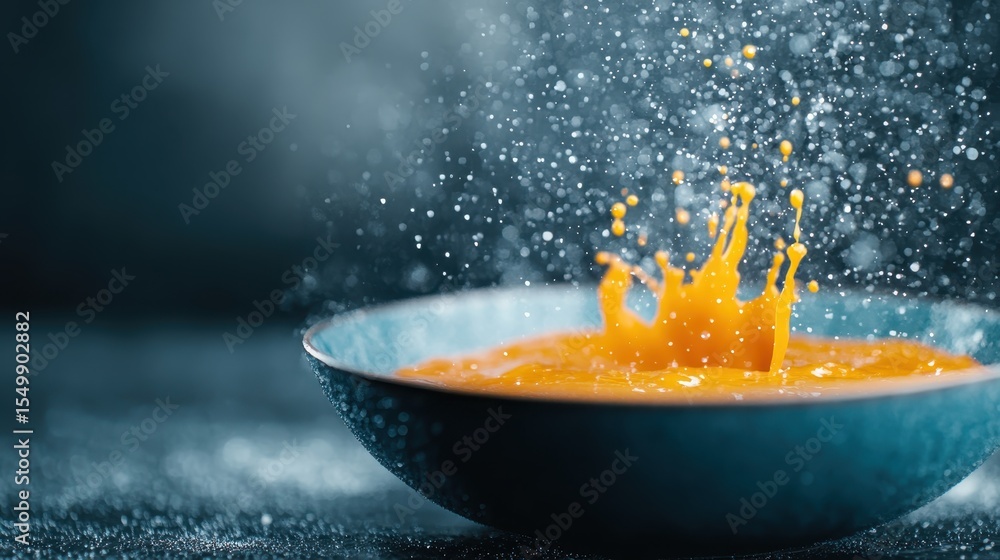 Poster a striking image of vibrant yellow liquid splattering dynamically in a bowl, representing fluidity a