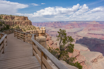 Panoramic Grand Canyon South Rim View Weathered Wood Boardwalk Curving Through Layered Red Rock Cliffs Under a Vast Blue Sky