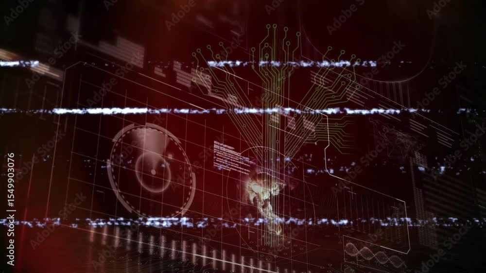 Poster glitch bands starting circuit-tree growth while globe rotating and bars animating showing network