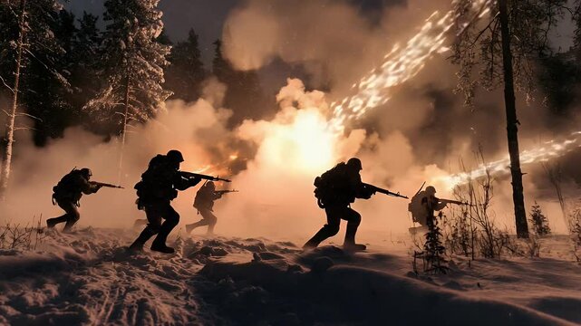 Soldiers in Winter Combat: Intense Battle Scene with Explosions and Night Ambush