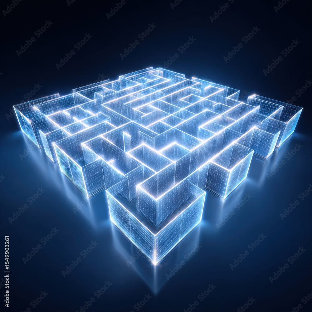 Fototapete glowing digital maze with transparent walls and futuristic blue light effect on dark background, sym