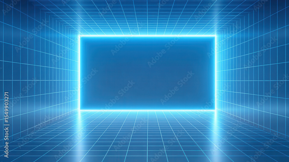 Aufkleber Neon glowing frame in futuristic blue grid room with reflective floor creating digital abstract background for technology or metaverse concept