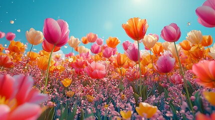 Vibrant Spring Tulip Field Colorful Blossoms in Sunny Meadow Blooming Flowers