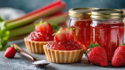 Chic Modern Kitchen Counter with Fresh Rhubarb and Ripe Strawberries Next to a Bowl of Sugar Promoting Creative Cooking and Fresh Ingredient Appreciation