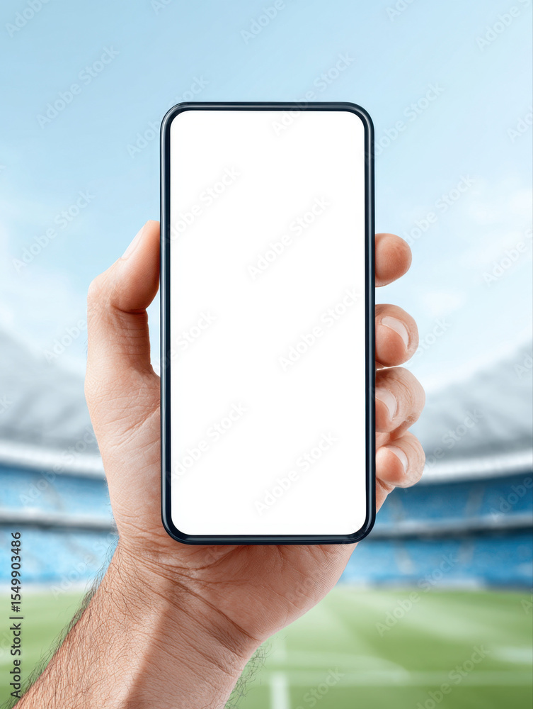 Poster hand holding blank vertical smartphone screen with blurred stadium background, perfect for sports or