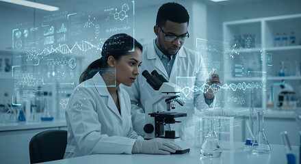 Mixed-race scientists in laboratory analyzing DNA samples, with floating holographic equations and molecules, science meets technology.