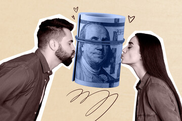 Trendy art creative full zine photo collage of two business partners girl guy kiss dollar roll...