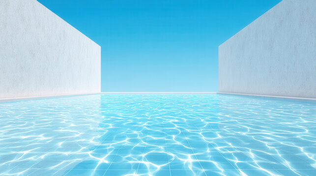 Minimalist outdoor swimming pool with clear blue water and bright sky between white walls, creating calm and refreshing atmosphere
