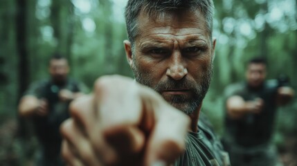 A determined man points forward in a forest scene, surrounded by others, evoking themes of leadership, courage, and community, perfect for adventure and teamwork visuals.