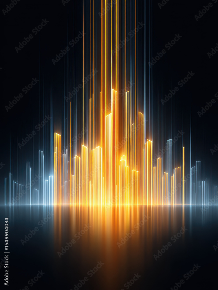 Poster futuristic glowing cityscape with vertical light beams in gold and blue reflecting on dark surface, 