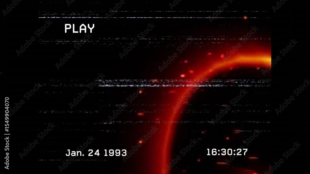 Poster vhs playback showing play overlay timestamp static noise while red-orange glow emerging and fading
