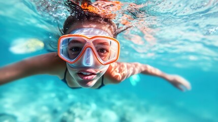 Naklejka premium A young girl with snorkeling gear swims gracefully underwater, exploring the vibrant marine life in crystal-clear ocean waters, radiating a sense of adventure and curiosity.
