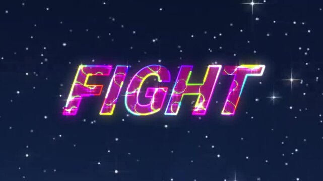 Glitching neon FG starting FIGHT text revealing logo with shifting hues and sparkling stars growing