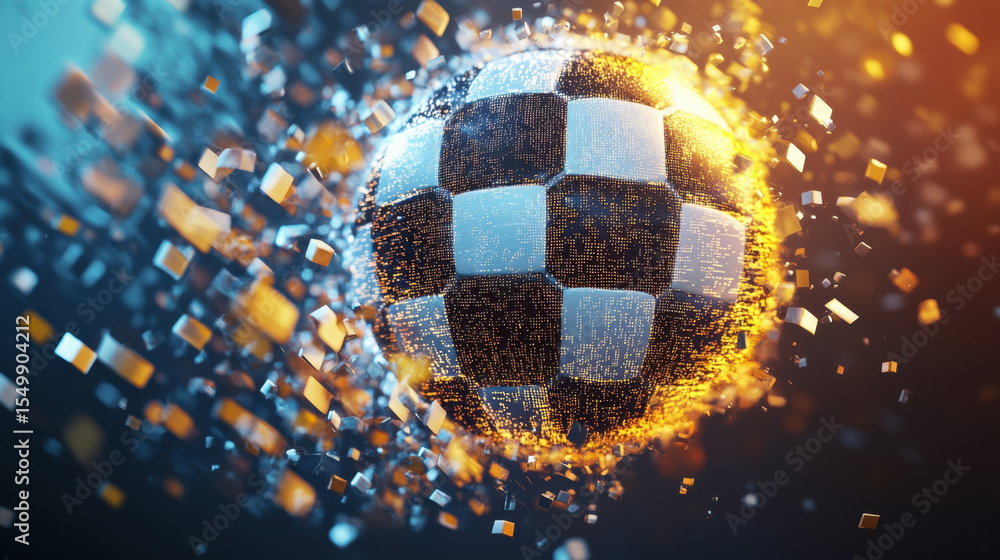 Poster Digital abstract soccer ball with pixelated particles exploding in blue and orange light creates dynamic and energetic sports background