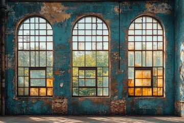 Three arched windows in a dilapidated, blue-painted industrial building. Use as background for creative projects showing abandonment,decay or beauty.