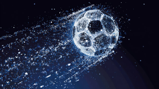 Glowing digital soccer ball made of particles with dynamic trail effect on dark background, creating futuristic sports concept
